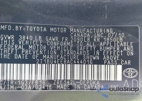 2010 Toyota Corolla из США, поврежденный, VIN 2T1BU4EE8AC444016